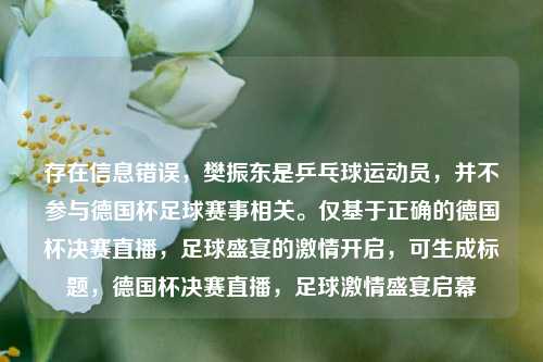 存在信息错误,樊振东是乒乓球运动员,并不参与德国杯足球赛事相关。仅基于正确的德国杯决赛直播,足球盛宴的 开启,可生成标题,德国杯决赛直播,足球 盛宴启幕